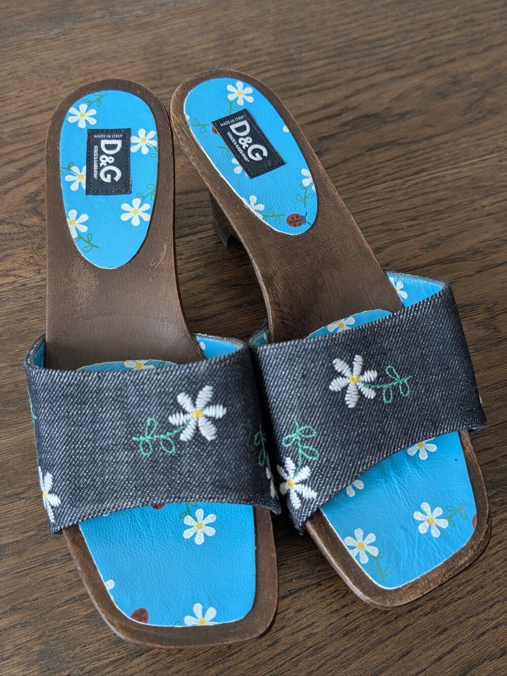 D&G Women’s Denim Clog Sandals with White Floral Embroidery - Size 8 - Picture 4 of 6